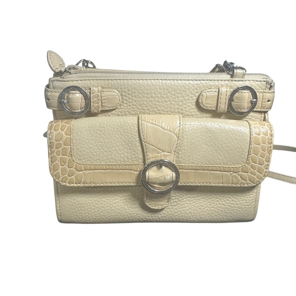 Brighton ALM Lutece Organizer Leather Croc Embossed Crossbody Purse Beige/Cream